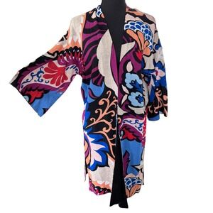 Chicos Floral Paisley Open Front Cardigan Duster Multi Color Knit Size 1 M